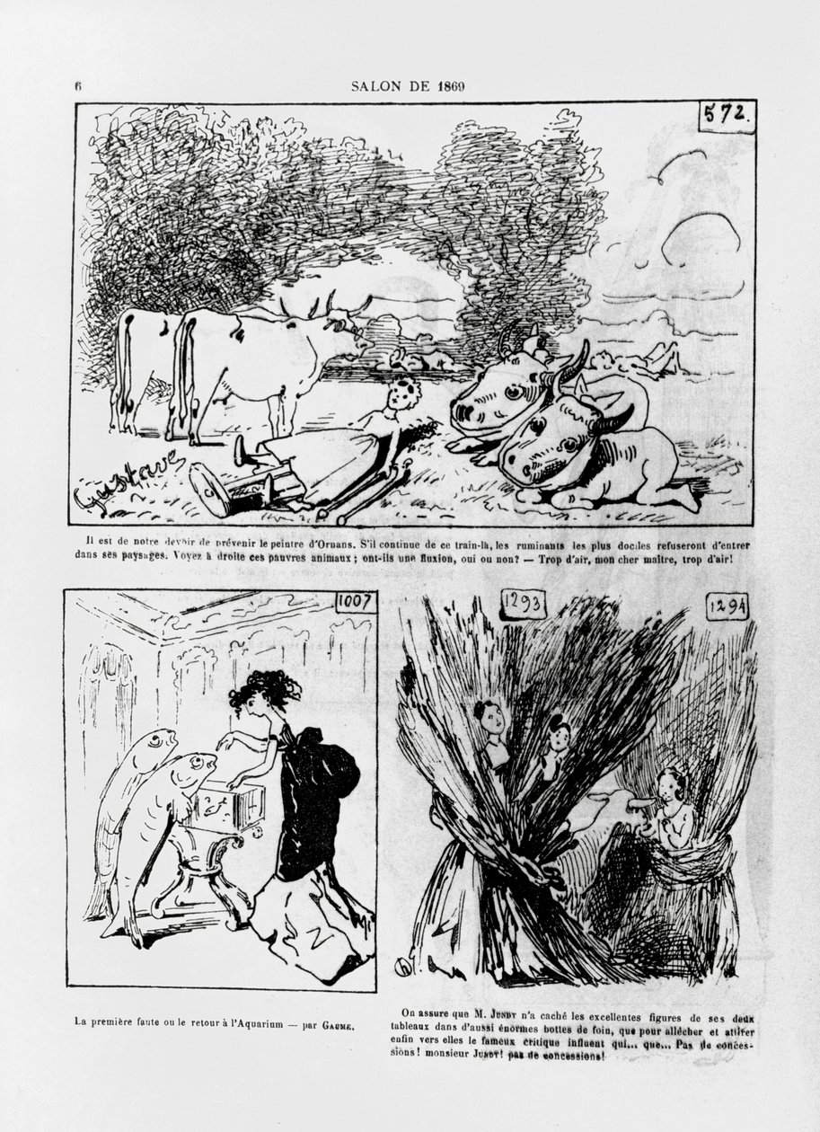 Karikaturen der Werke der französischen Künstler Courbet, Gaume und Jundt, aus der Zeitschrift 