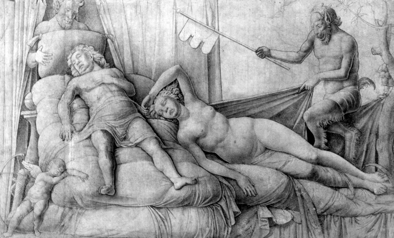 Schlafende nackte Frau mit Amor und Satyrn von Andrea Mantegna