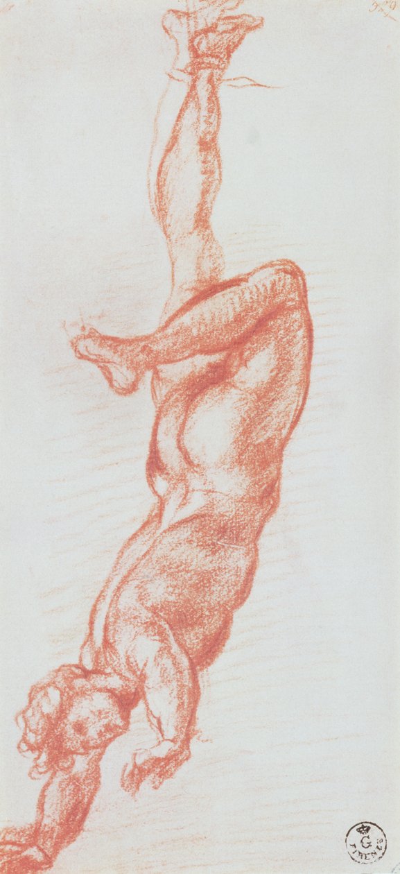 Studie eines nackten Mannes, der an seinem rechten Bein hängt von Andrea del Sarto