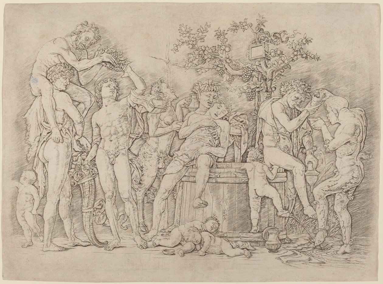 Bacchanal mit Weinfass von Andrea Mantegna