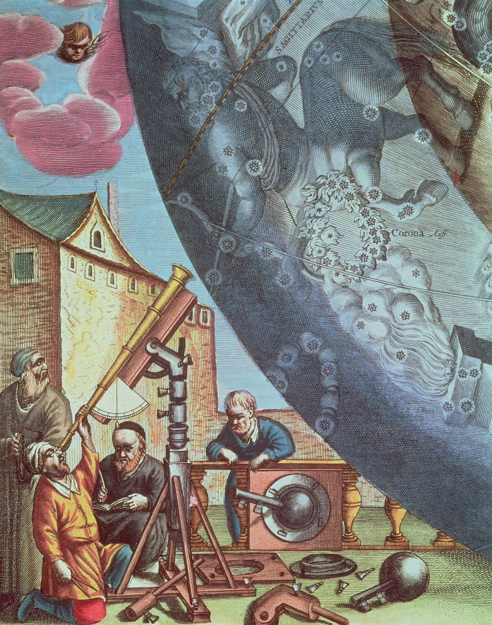 Astronomen, die durch ein Teleskop schauen, Detail aus einer Karte der Sternbilder aus 