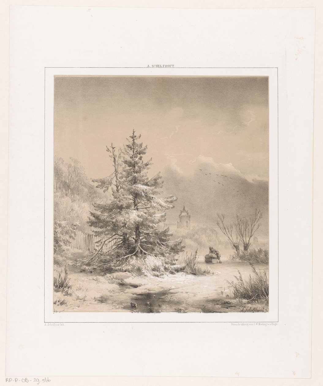 Winterlandschaft mit Nadelbäumen und Mann mit Schlitten von Andreas Schelfhout