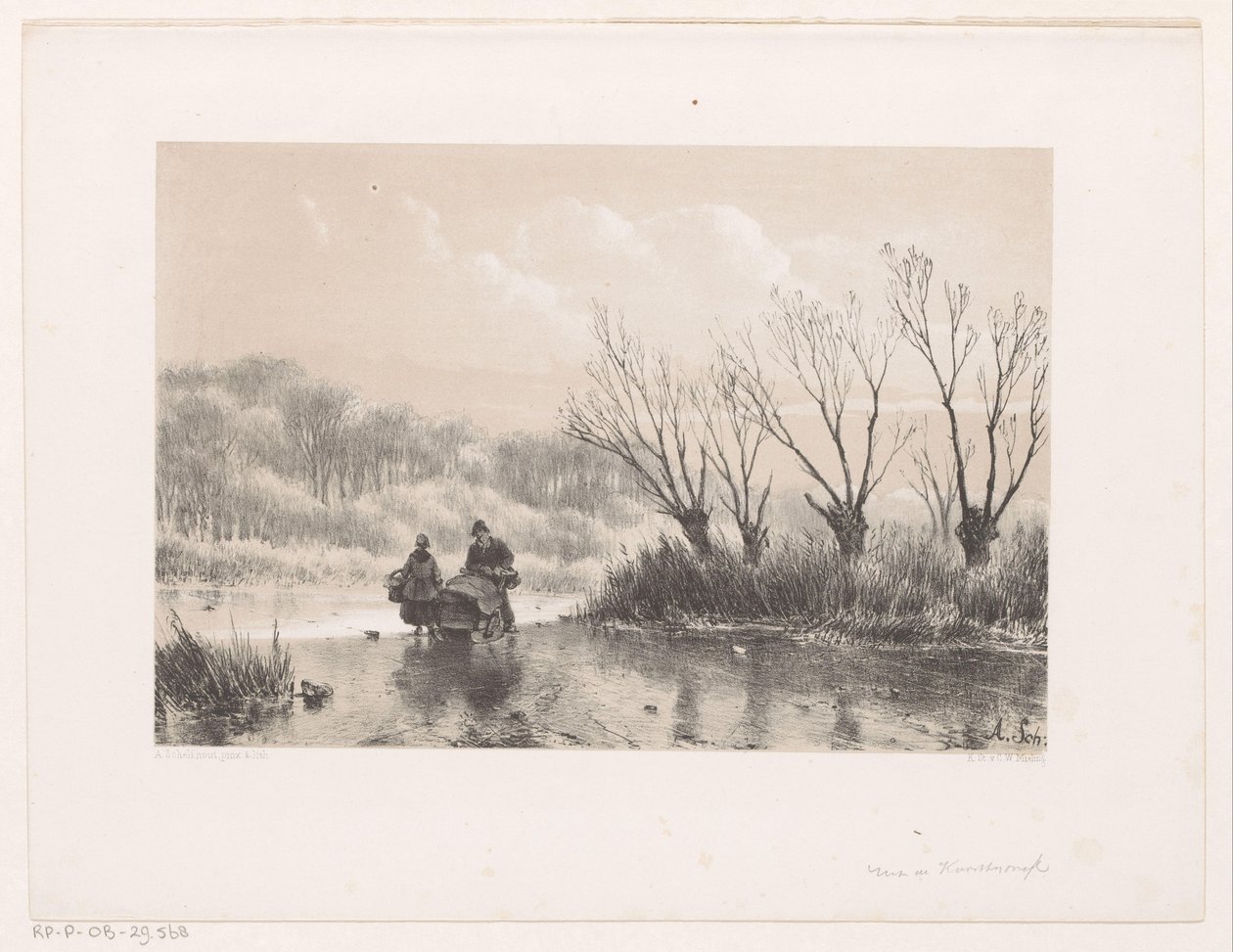 Winterlandschaft mit zwei Figuren auf dem Eis von Andreas Schelfhout