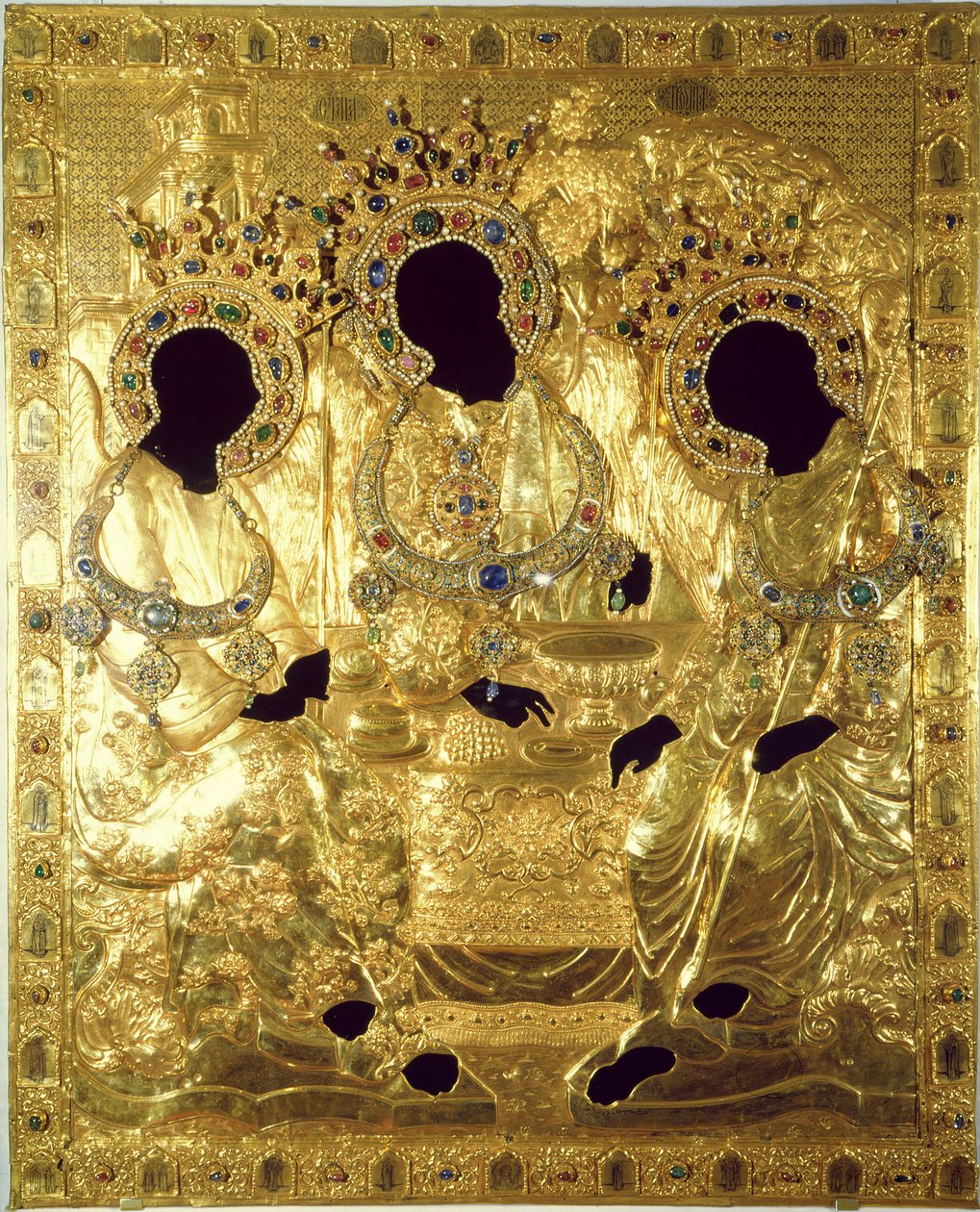 Oklad oder Deckel der Dreifaltigkeitsikone (Gold und Silber mit Edelsteinen und Perlen) (Detail) von Andrei Rublev