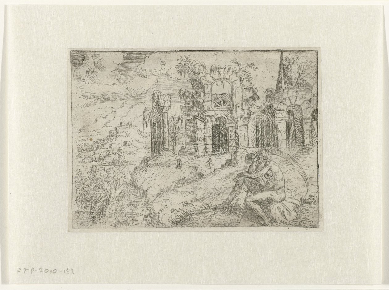 Landschaft mit altem Mann mit Sense von Angelo Falconetto