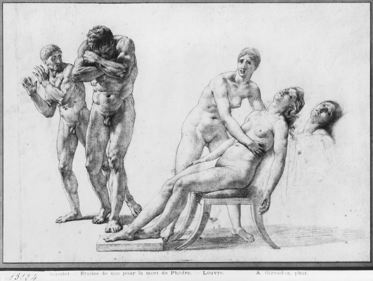 Tod von Phaedra, Vorbereitungsskizze für die Illustration von Racines Gesamtwerken, Akt V Szene VII, veröffentlicht 1801 von Anne Louis Girodet de Roucy Trioson