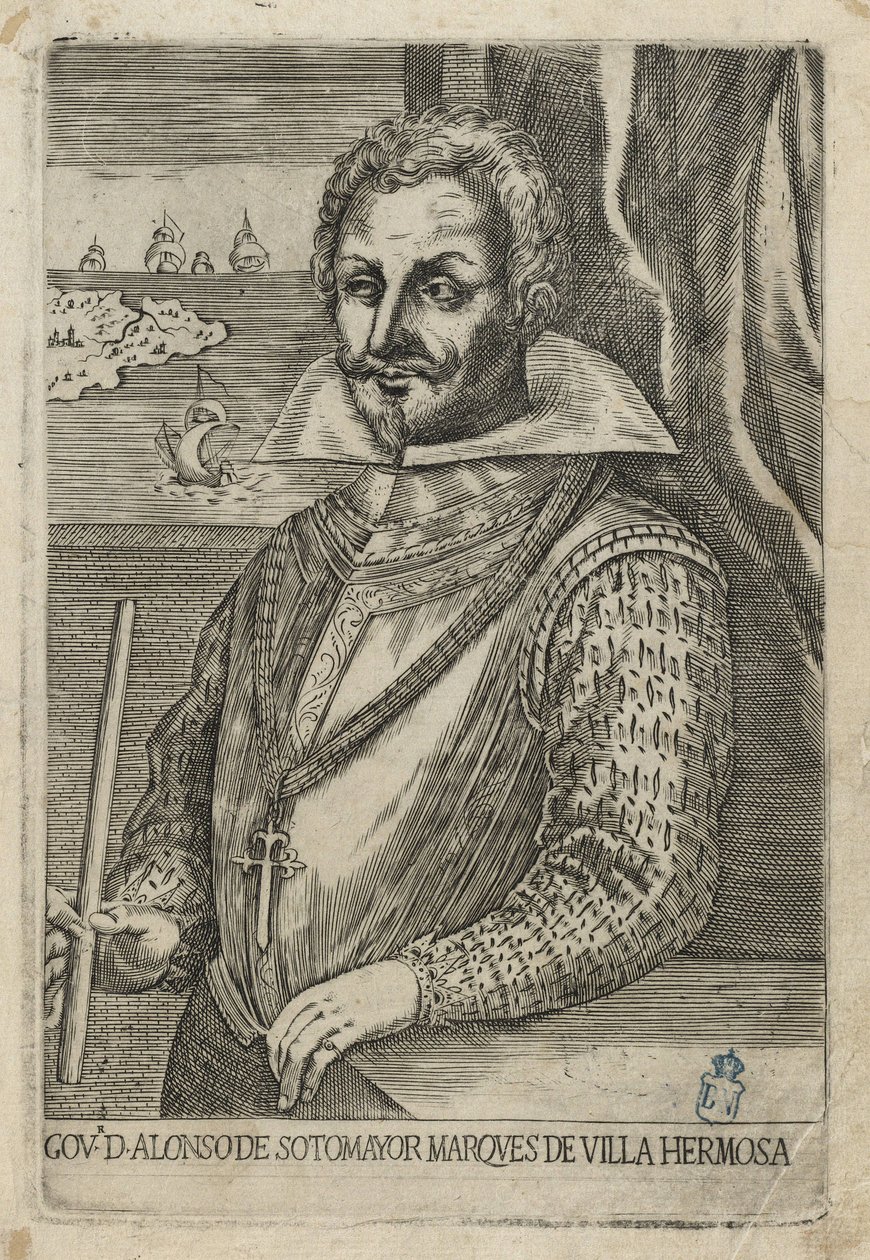 Alonso de Sotomayor, Gouverneur von Chile. Radierung und Kupferstich von Anónimo italiano