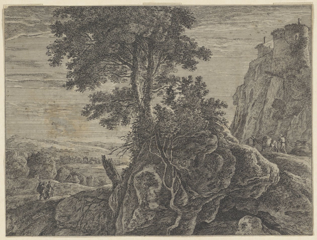 Landschaft mit einem Gebäude auf einem Felsen von Anonymous