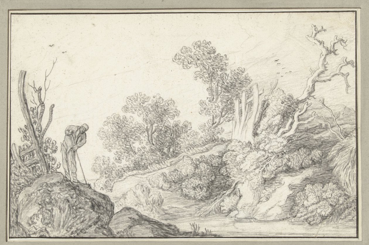 Landschaft mit kahlem Baum und Mann mit Stock von Anonymous