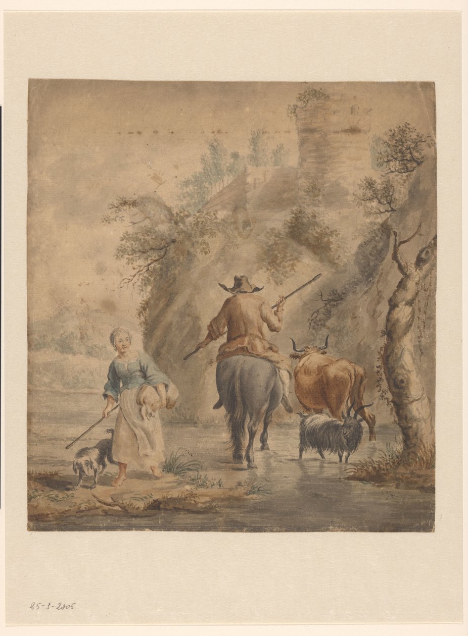 Flusslandschaft mit einem Reiter, Frau und Vieh von Anonymous