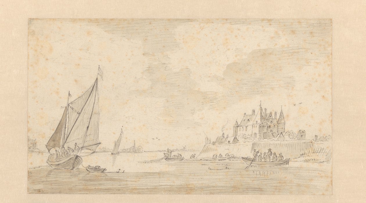 Flusslandschaft mit Schloss (Loevestein?) von Anonymous