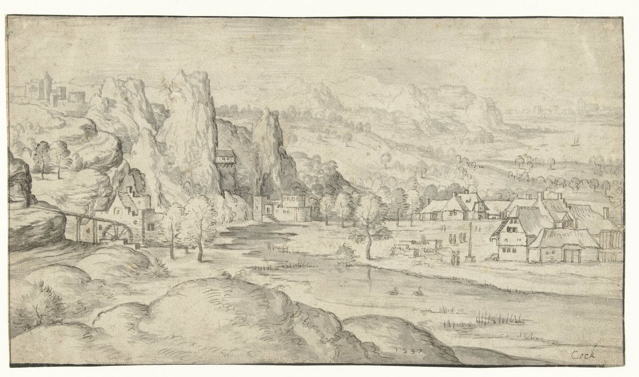 Flusslandschaft mit Wassermühle und steilen Felsen von Anonymous