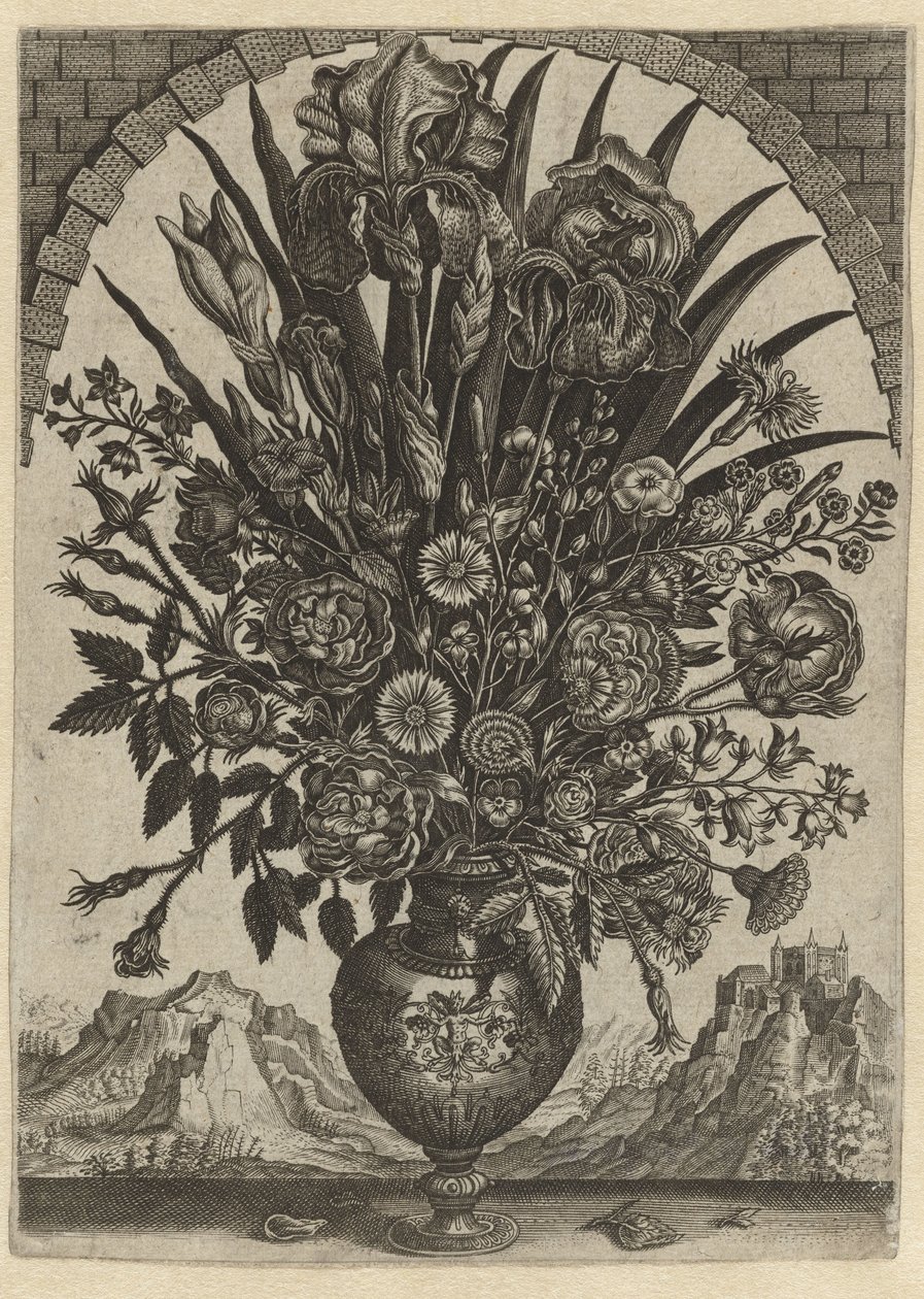 Vase mit Blumen in einem bogenförmigen Fenster von Anonymous