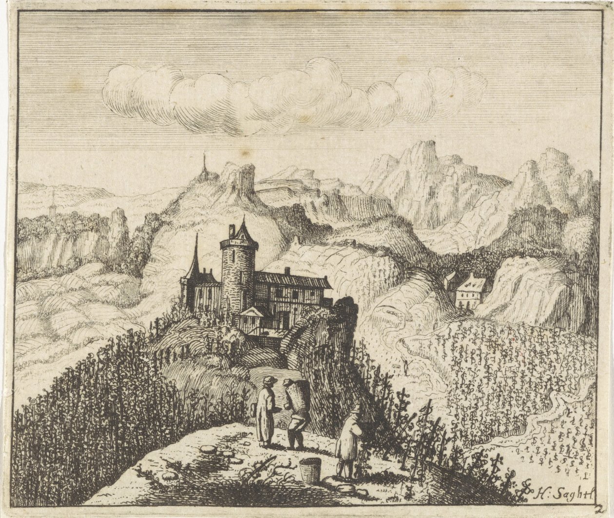 Berglandschaft mit Traubenpflückern von Anthonie de Winter (attributed to)