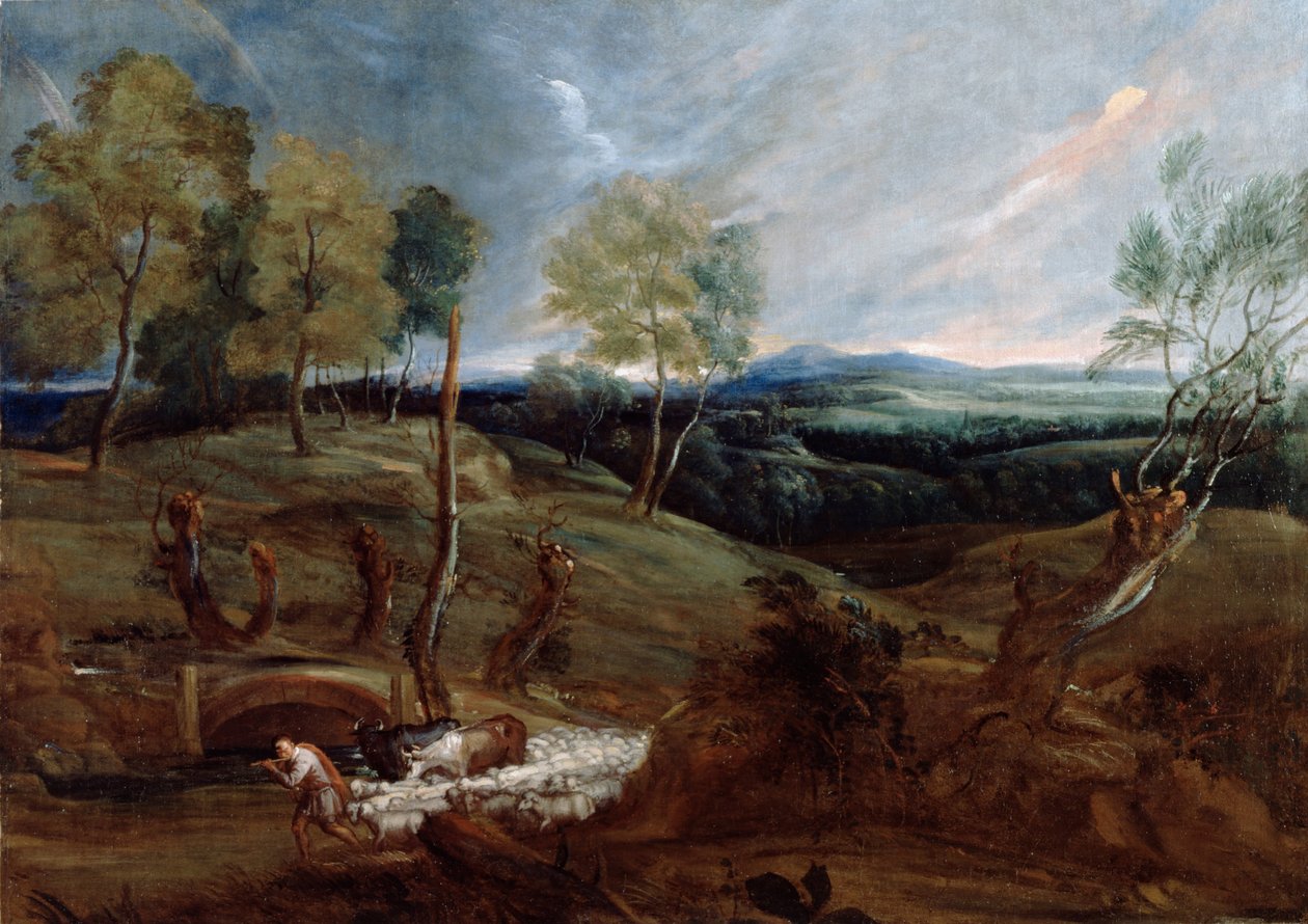 Sonnenuntergangslandschaft mit einem Hirten und seiner Herde von Anthony van Dyck