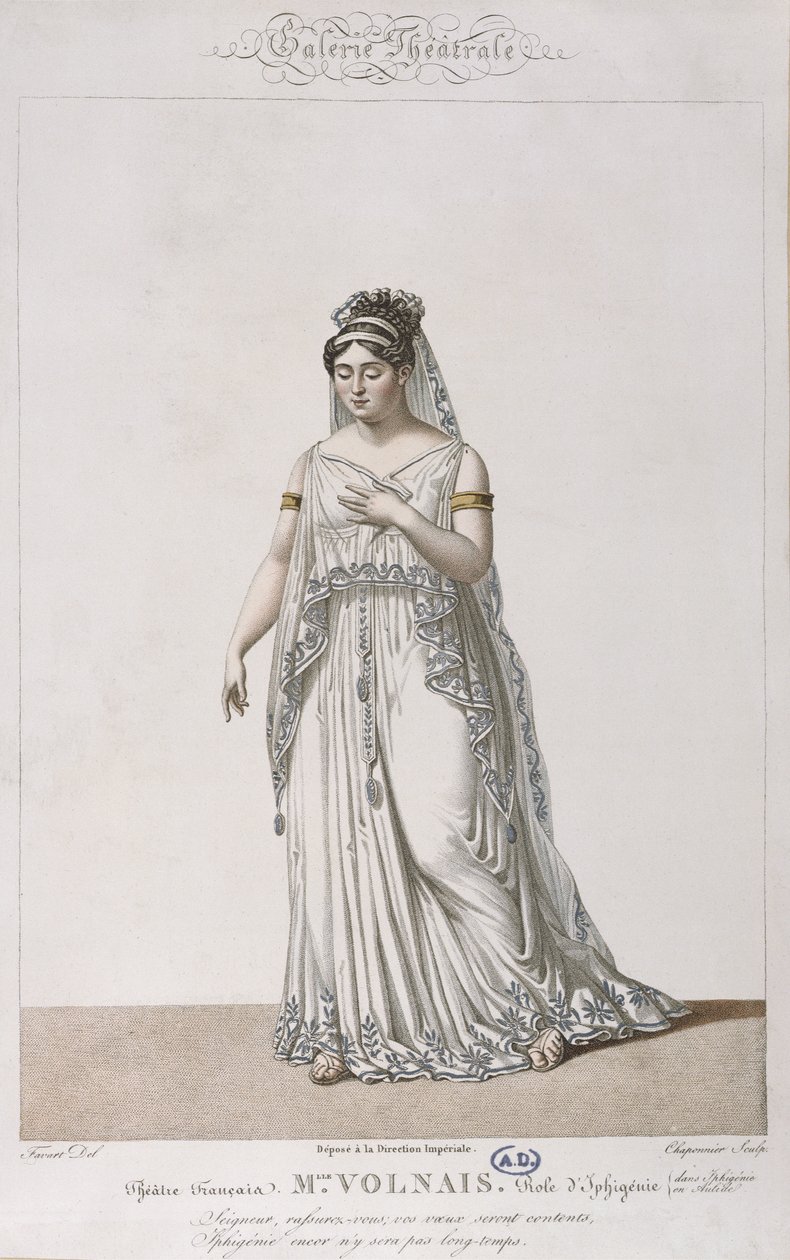 Porträt von Madame Volnais in der Rolle der Iphigenie, für Iphigenie in Aulis von Christoph von Gluck für die Serie Galerie Theatrale, ca. 1815 von Antoine Pierre Charles Favart