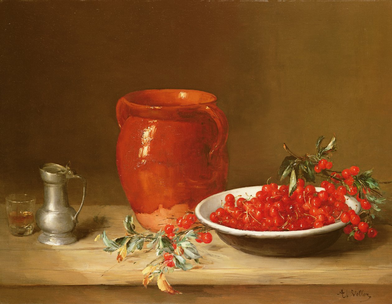 Stillleben mit Kirschen in einer Schale von Antoine Vollon