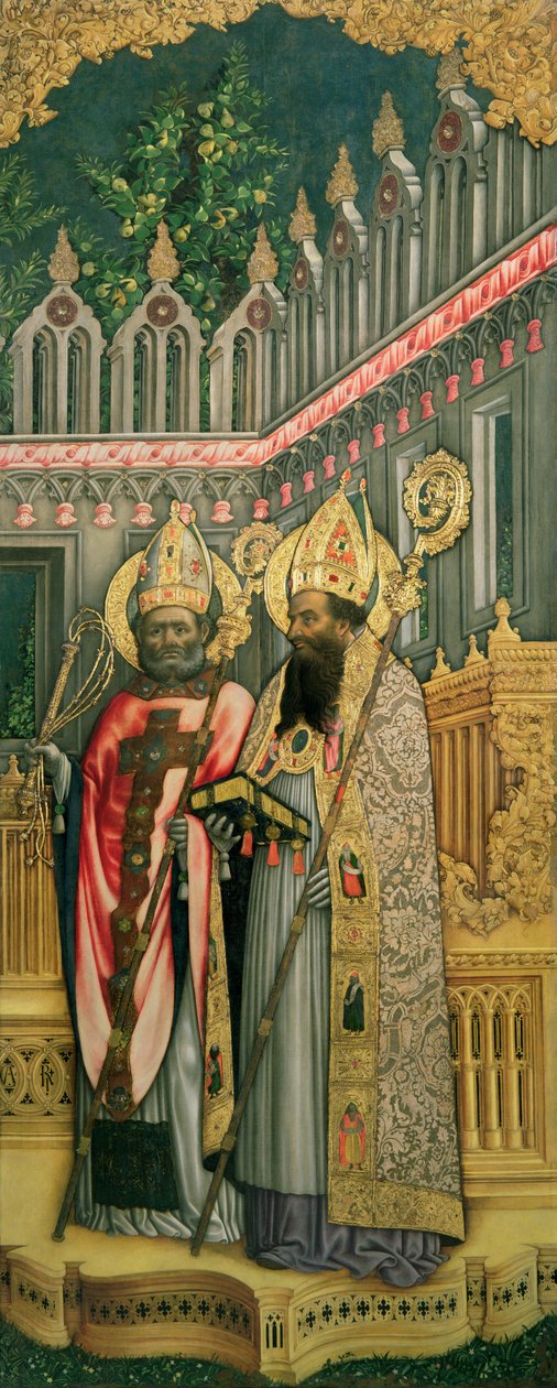 St. Ambrosius und St. Augustinus, rechte Tafel aus Die Jungfrau auf dem Thron mit den Heiligen Hieronymus, Gregor, Ambrosius und Augustinus, 1446 (nach der Restaurierung) von Antonio Vivarini