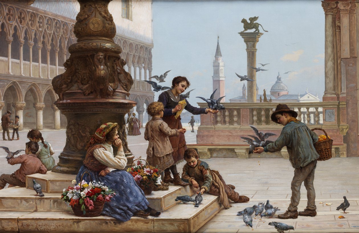 Kinder, die Tauben in Venedig füttern von Antonio Ermolao Paoletti