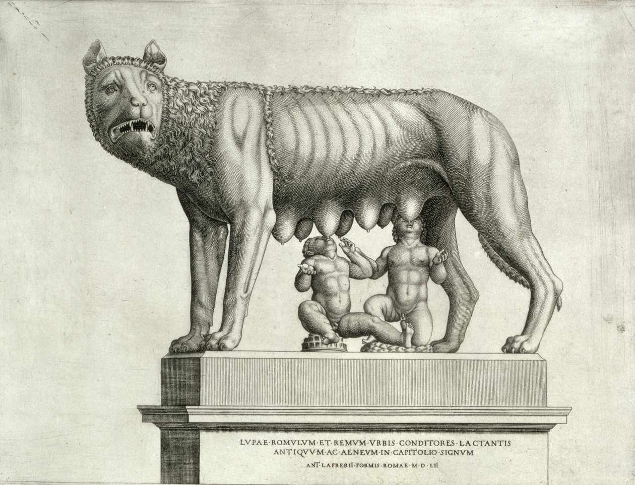 Zeichnung der etruskischen Bronze der Wölfin, die Romulus und Remus säugt, 5. Jahrhundert v. Chr., im Kapitolinischen Museum, 1552 von Antonio Lafreri