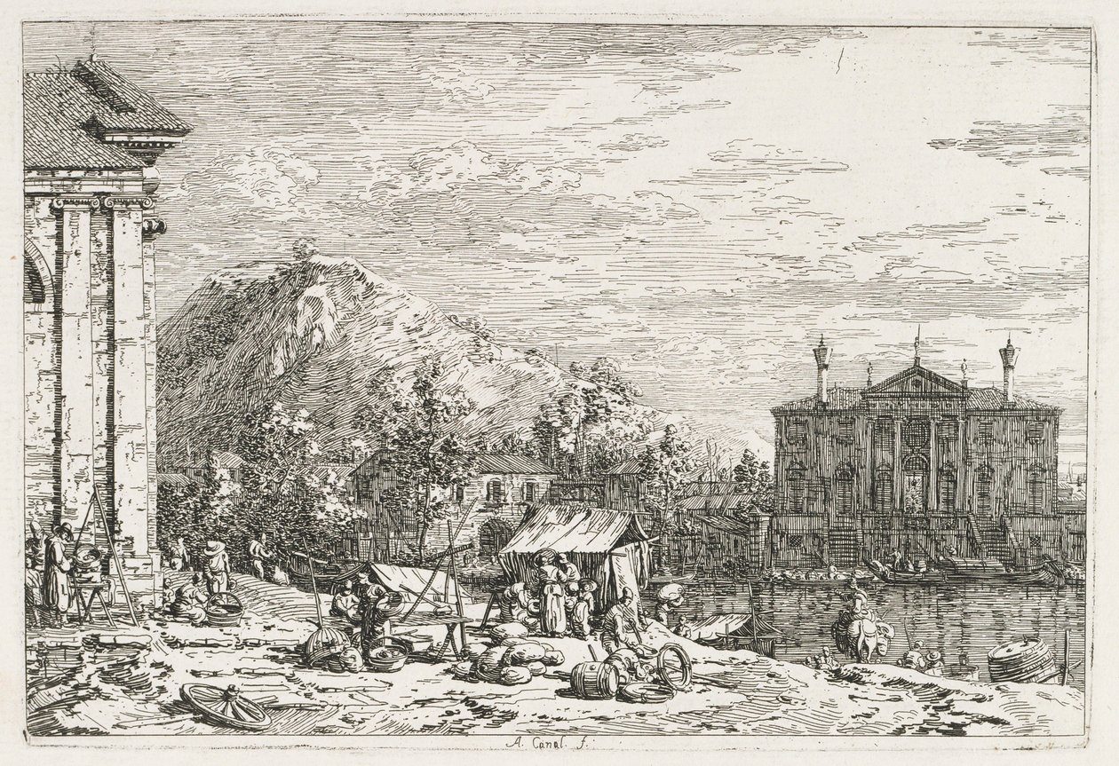 Ansichten: Eine Stadt jenseits eines Flusses, 1735-1746 von Giovanni Antonio Canal
