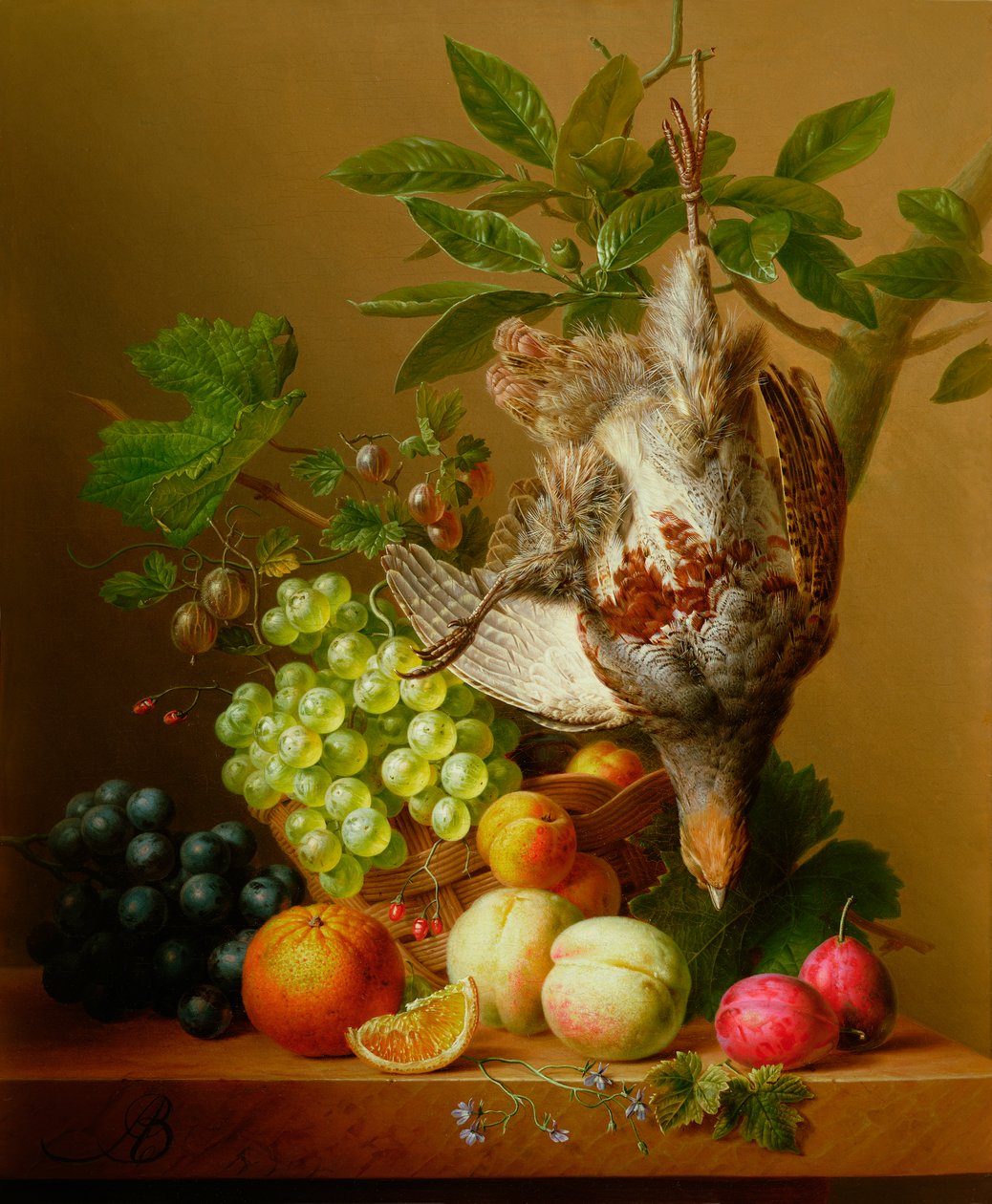 Stillleben mit Früchten und einem toten Rebhuhn von Arnoldus Bloemers