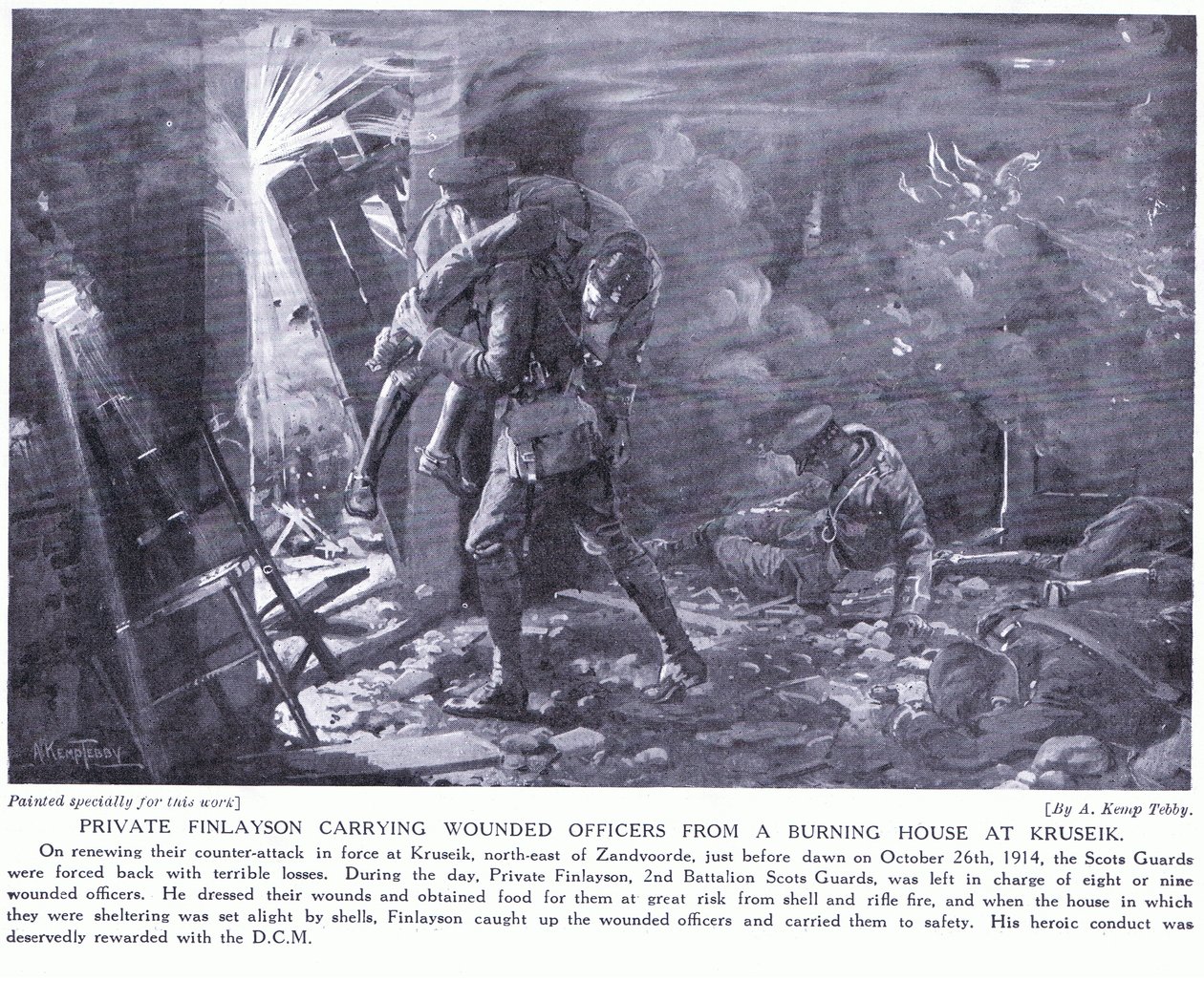 Private Finlayson gewann ein DCM für das Tragen verwundeter Offiziere aus einem brennenden Haus in Kruseik im Oktober 1914 von Arthur Kemp Tebby