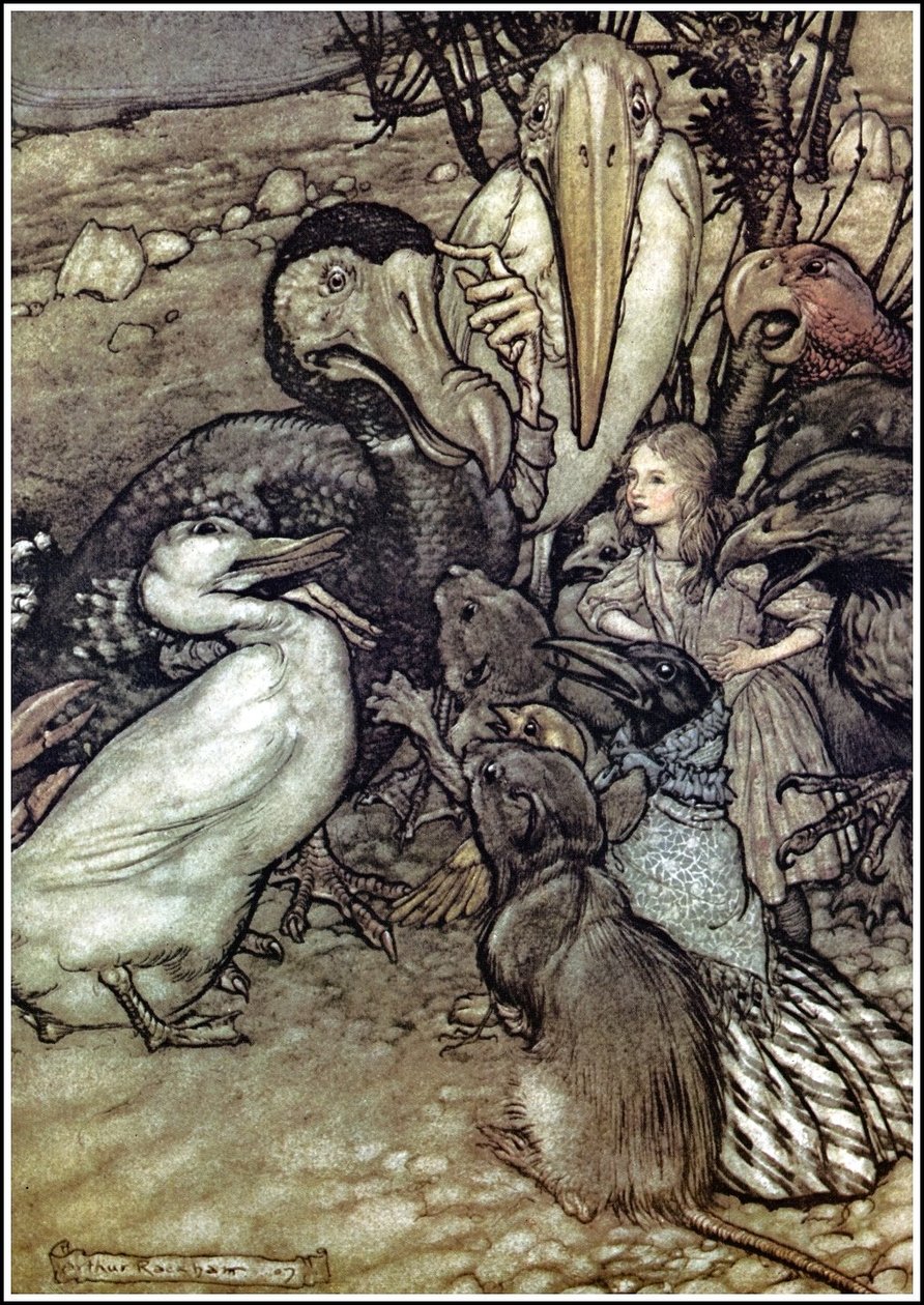 Alice im Wunderland - Sie begannen sich keuchend darum zu drängen und fragten: Aber wer hat gewonnen? von Arthur Rackham