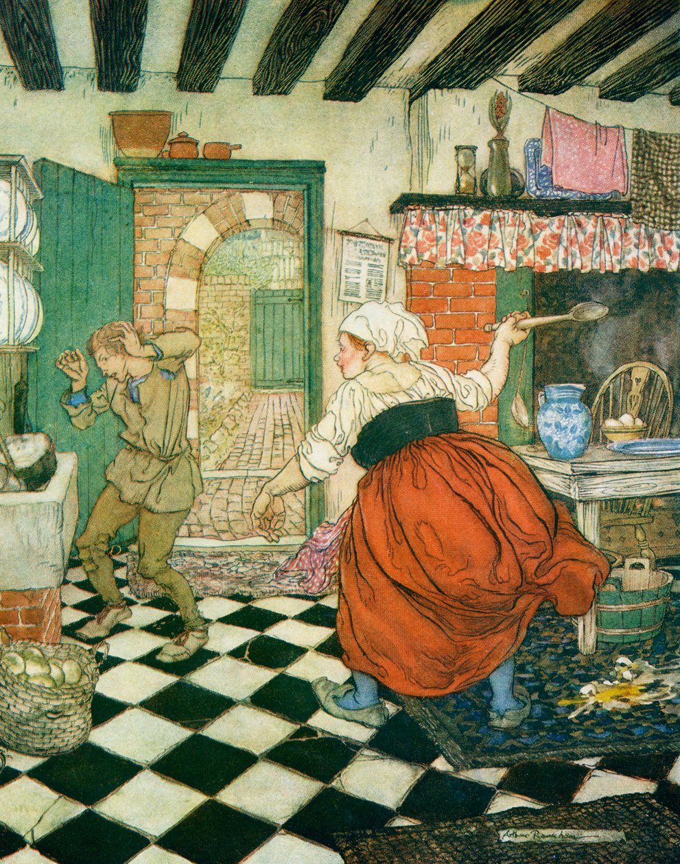 Viele Schläge bekam er vom Besenstiel oder Kochlöffel, Illustration zu Dick Whittington und seine Katze, aus Englische Märchen nacherzählt von F.A. Steel, 1927 von Arthur Rackham