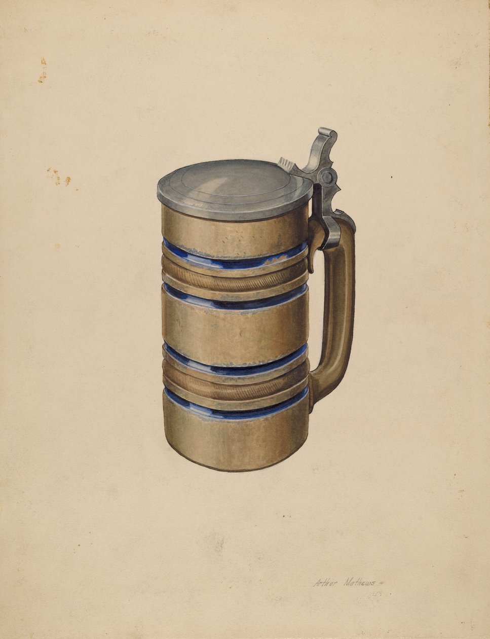 Steingut- und Zinnbierkrug von Arthur Mathews