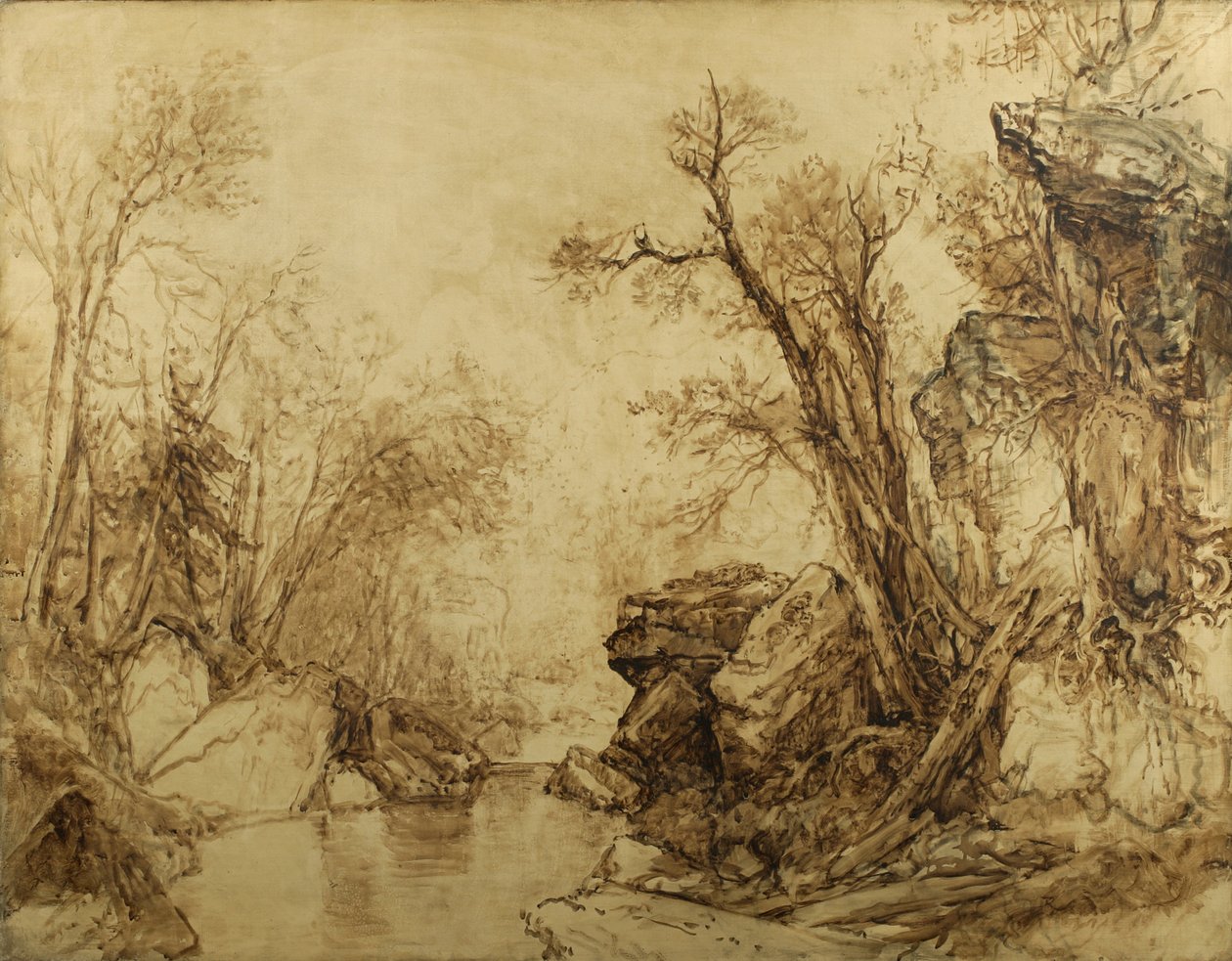 Landschaft in Sepia: Bäume mit Bach, 1854 von Asher Brown Durand