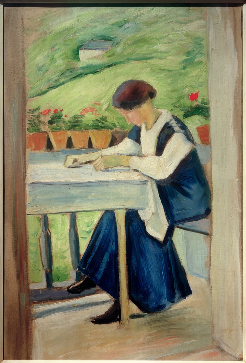 Mädchen auf dem Balkon II (im blauen Kleid) von August Macke