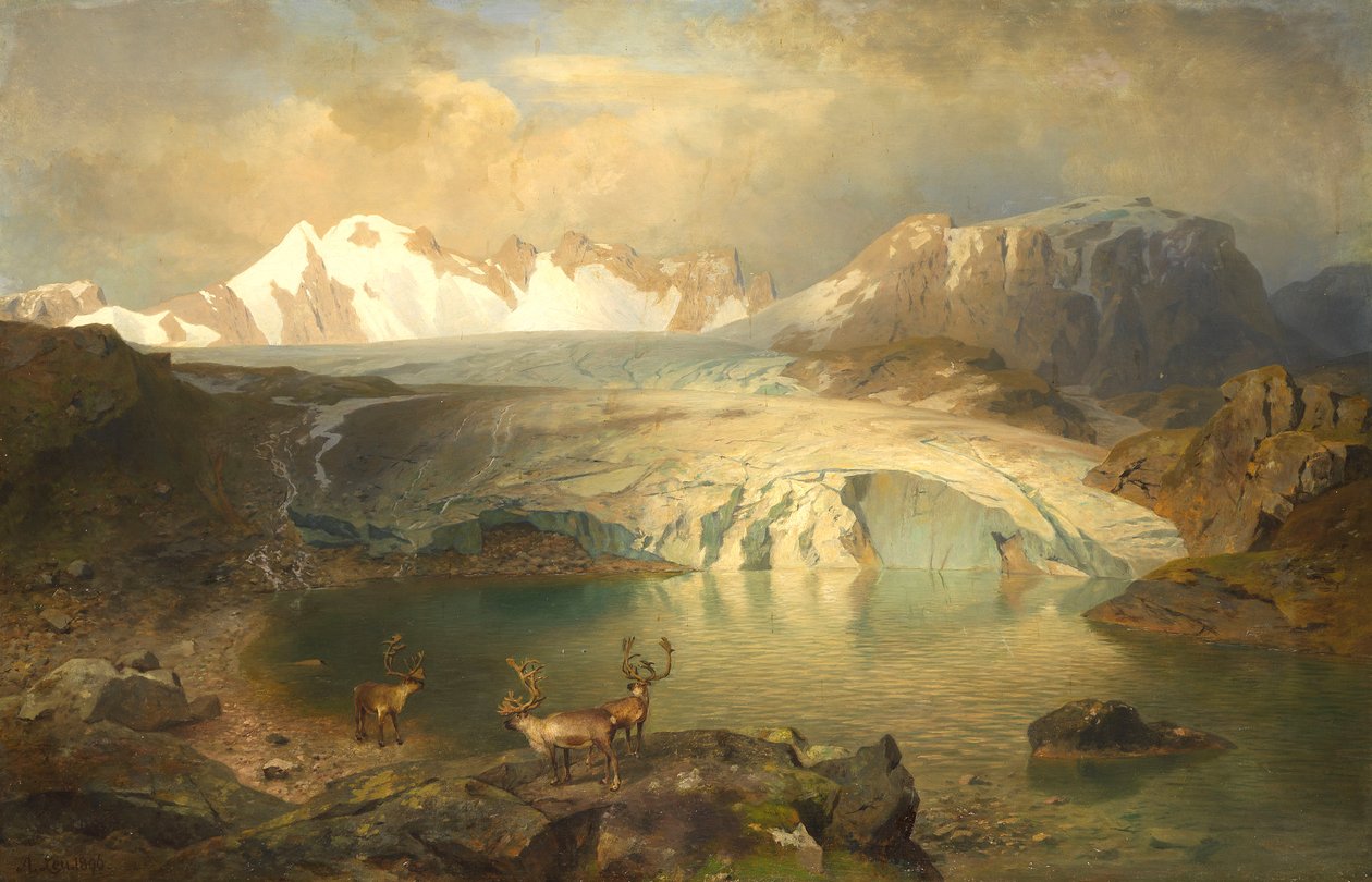 Fjordlandschaft mit Gletscher und Rentieren von August Wilhelm Leu