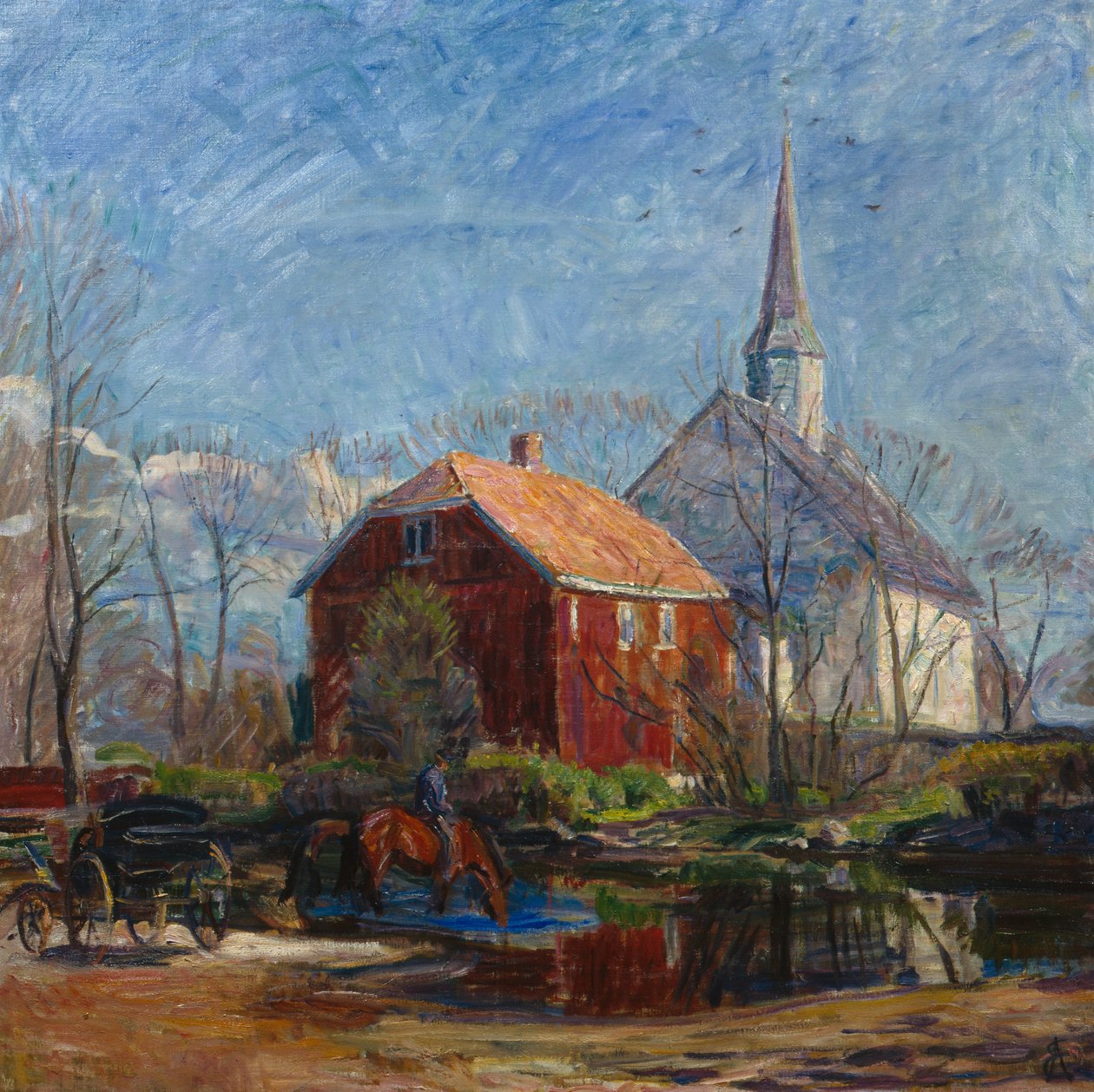 Kirche und rotes Haus, Rygge Kirche von August Eiebakke