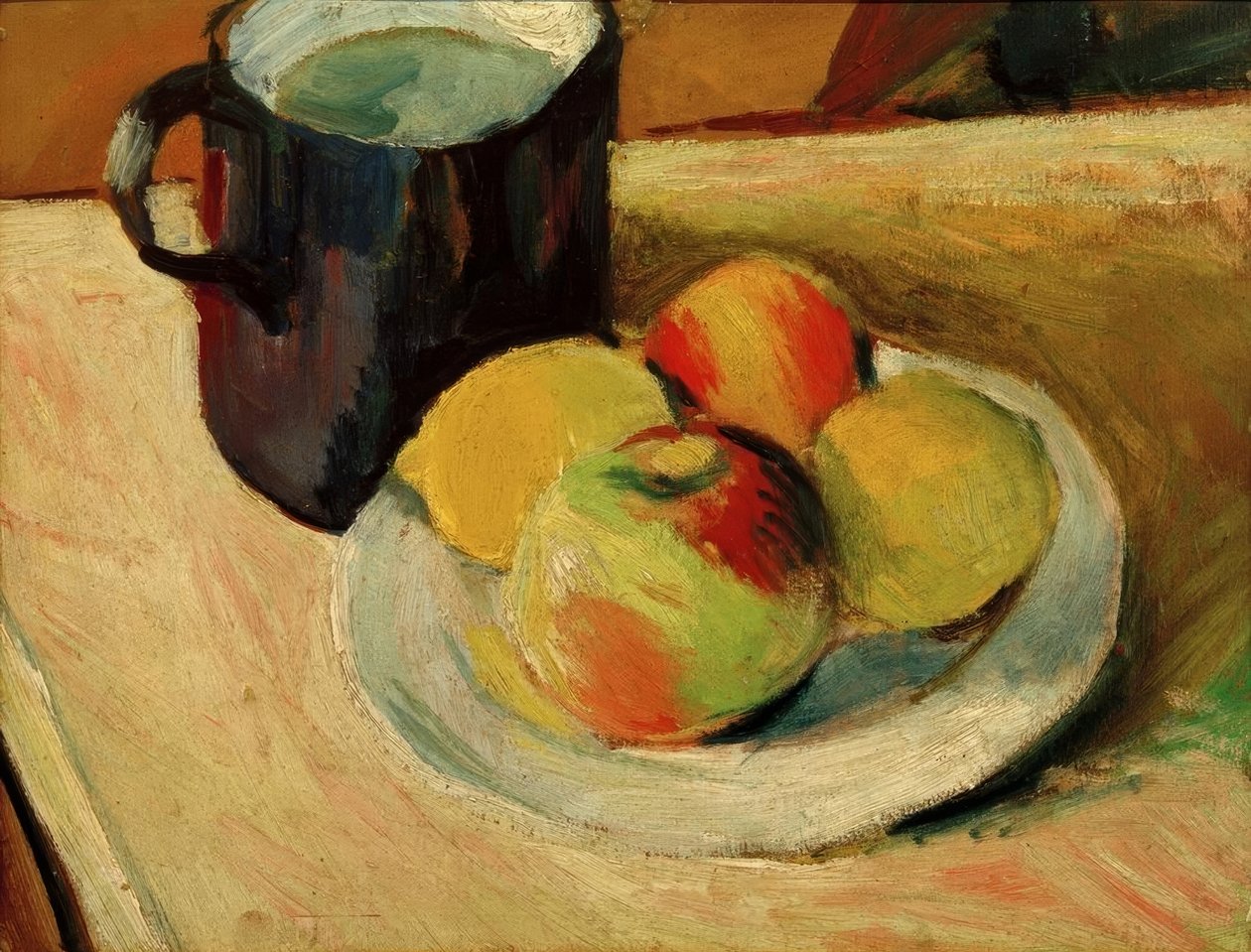 Milchkrug und Äpfel auf Teller von August Macke