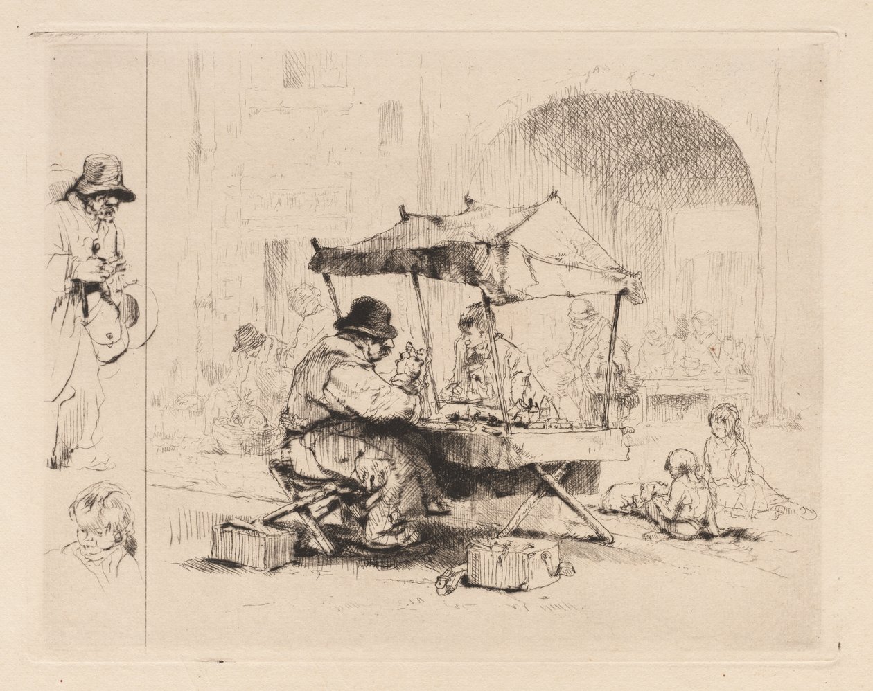 [Händler in seinem Stand mit spielenden Kindern] von Auguste Brouet