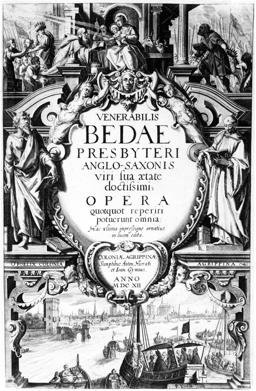 Titelseite für Venerabilis Bedae Presbyteri Anglo-Saxonis, Druck von Peter Isselburg, veröffentlicht in Köln, 1612 von Augustin Braun