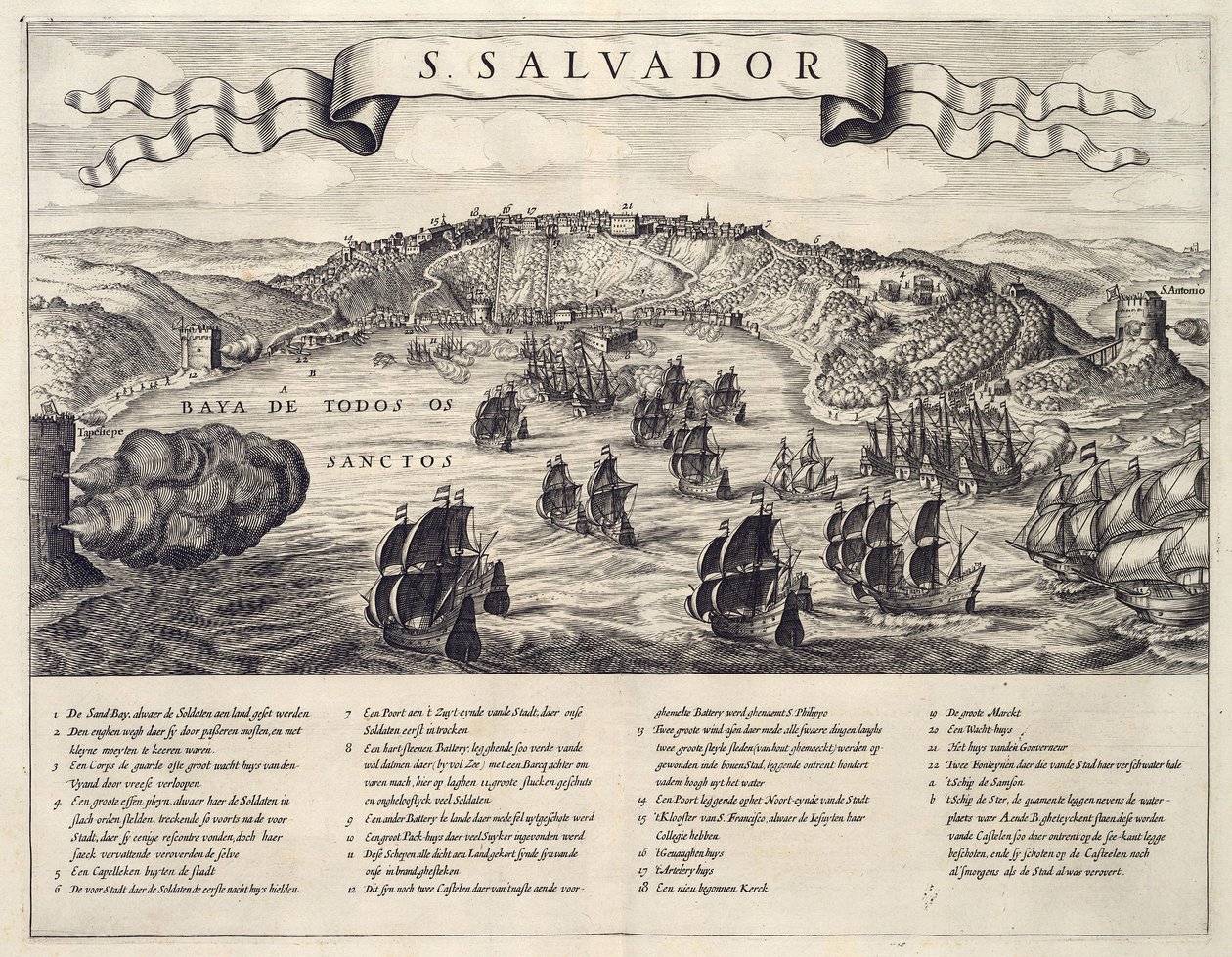 Ansicht der Schlacht um die Stadt San Salvador in der Allerheiligenbucht zwischen Niederländern und Portugiesen im Jahr 1624 von B. Elsevier