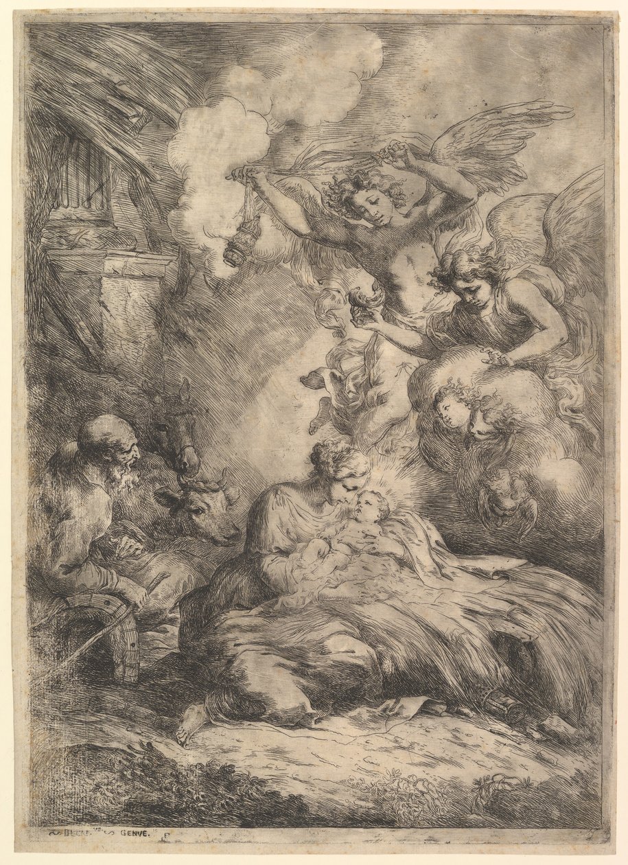 Die Geburt Christi mit Engeln, 1650-57 von Bartolomeo Biscaino