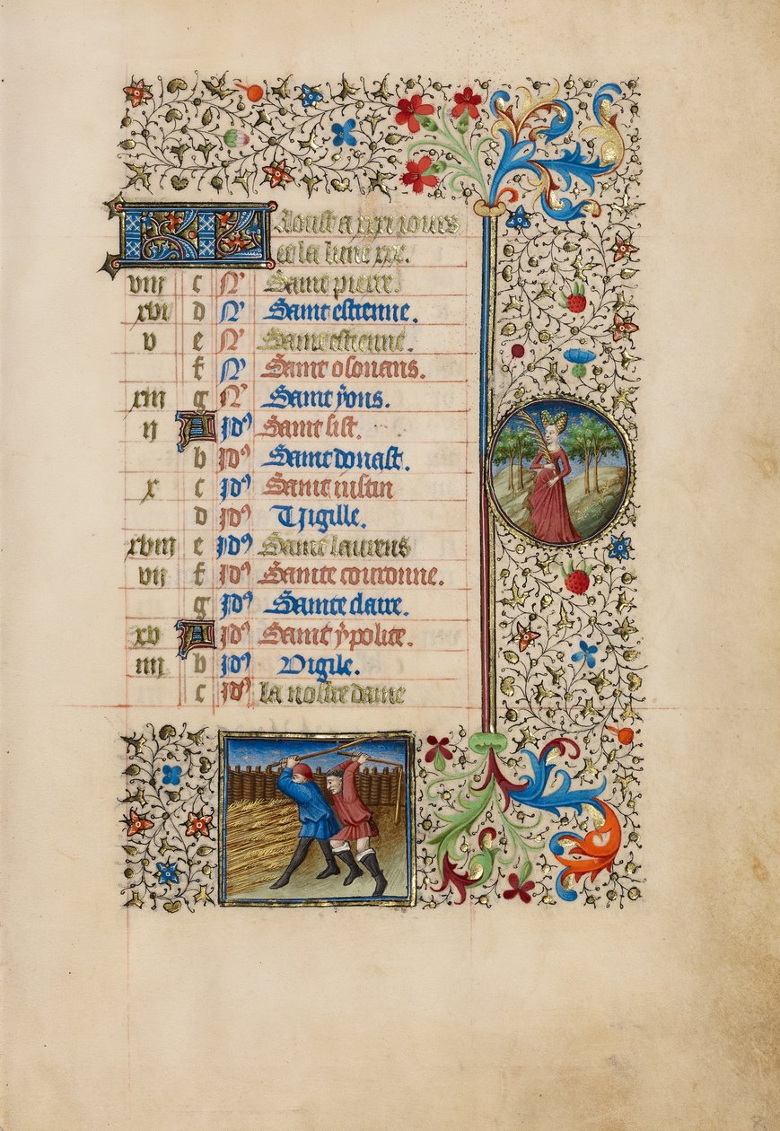 August Kalenderseite; Dreschen; Jungfrau von Bedford Master