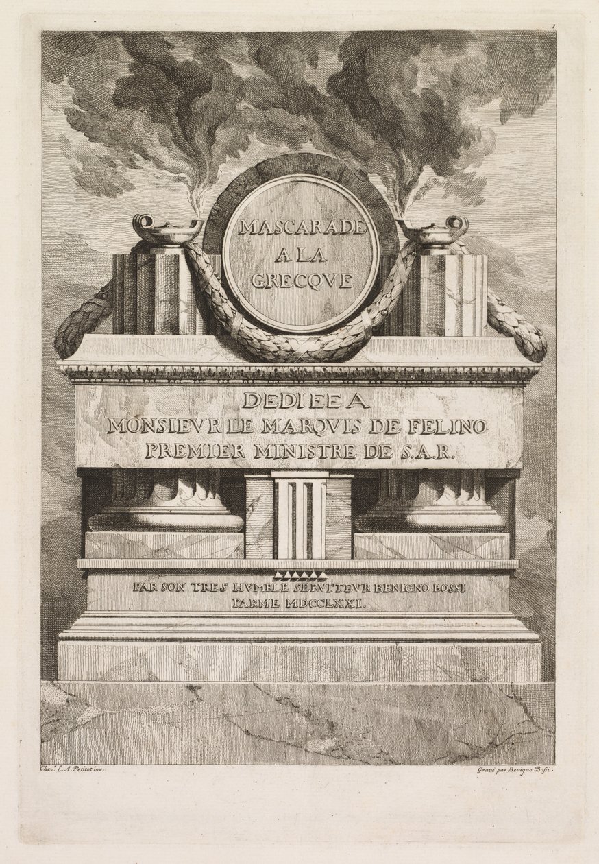 Maskerade à la Grecque: Widmungsseite, 1771 von Benigno Bossi