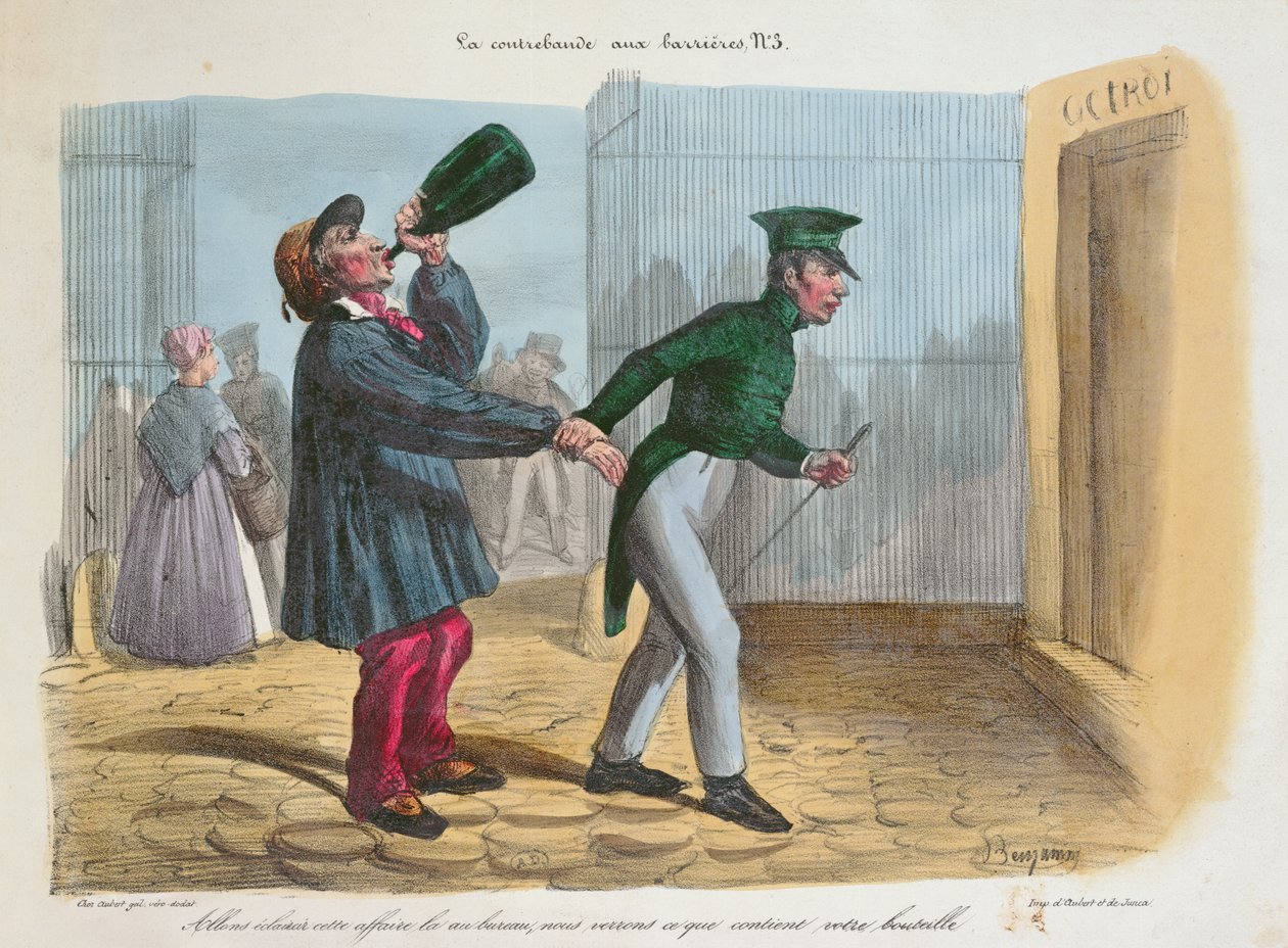 Entdeckung von Schmuggelware an der Zollbarriere beim Eintritt nach Paris, um 1840 von Benjamin Roubaud