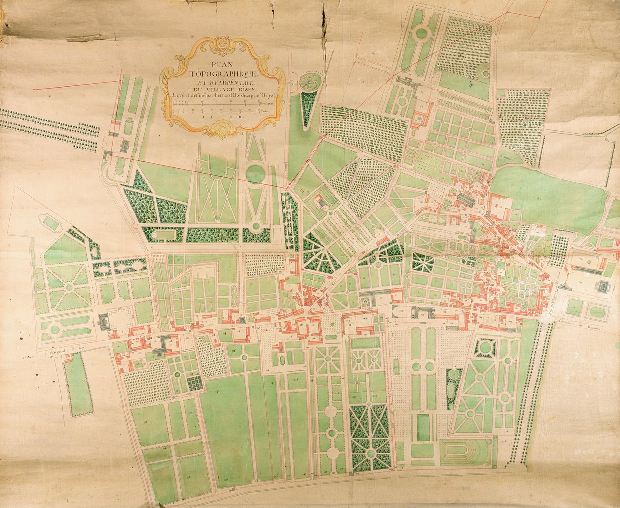 N11Seine87 Topographische Karte und Vermessung des Dorfes Issy, 1740 von Bernard Borde