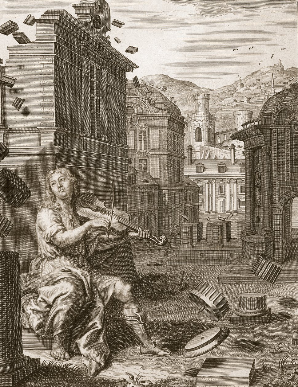 Amphion baut die Mauern von Theben durch die Musik seiner Leier, 1731 von Bernard Picart