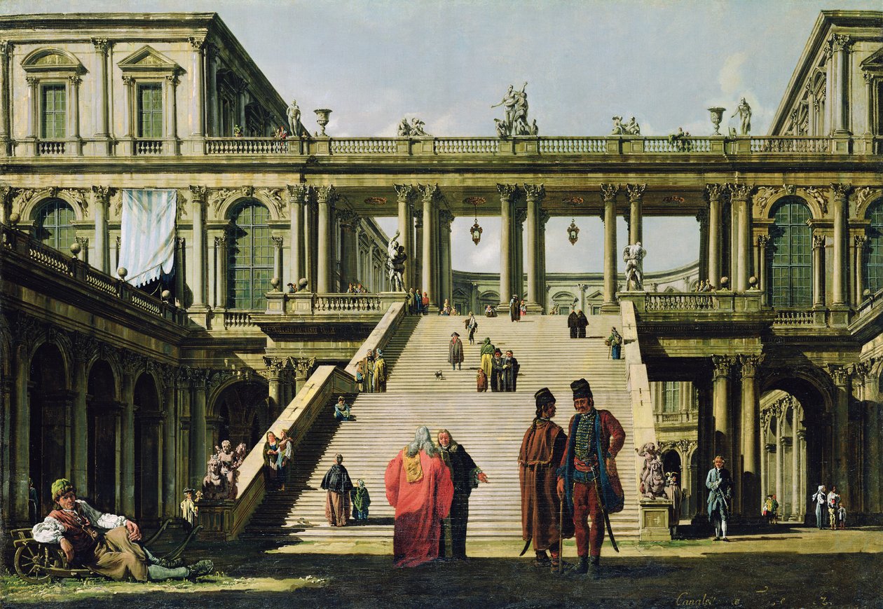 Ideale Landschaft mit Palasttreppen, 1762 von Bernardo Bellotto