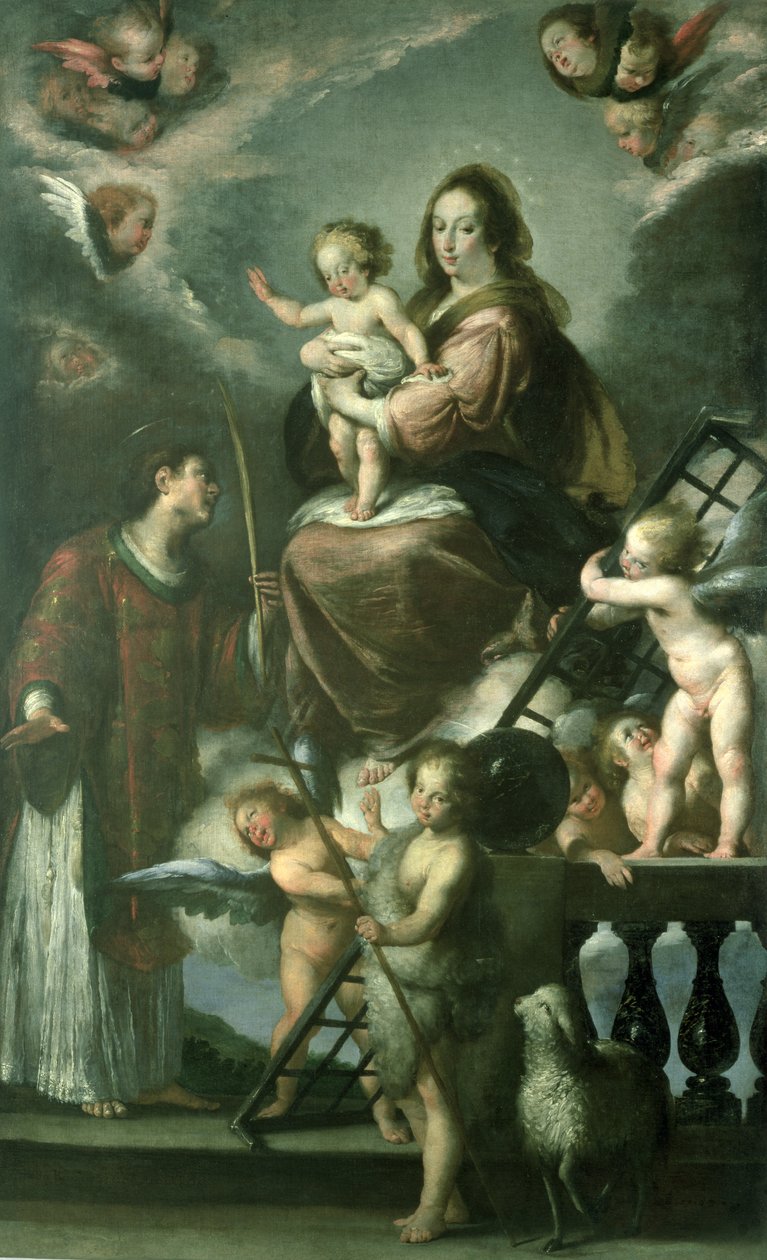 Madonna und Kind mit dem kleinen Johannes dem Täufer und St. Laurentius und Engeln, 1629 von Bernardo Strozzi