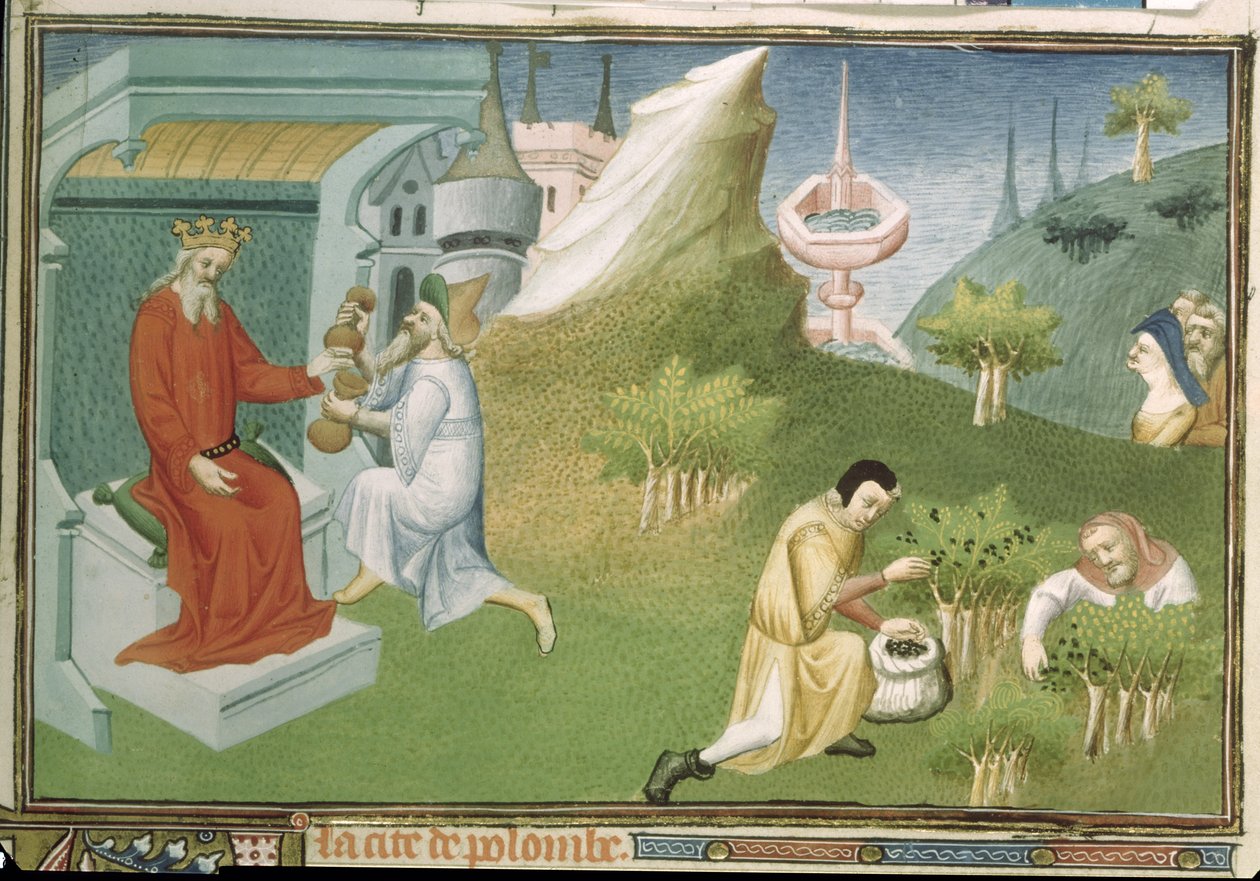 Ms Fr 2810 f.186, Pfefferernte und Darbringung der Früchte an einen König, aus dem 