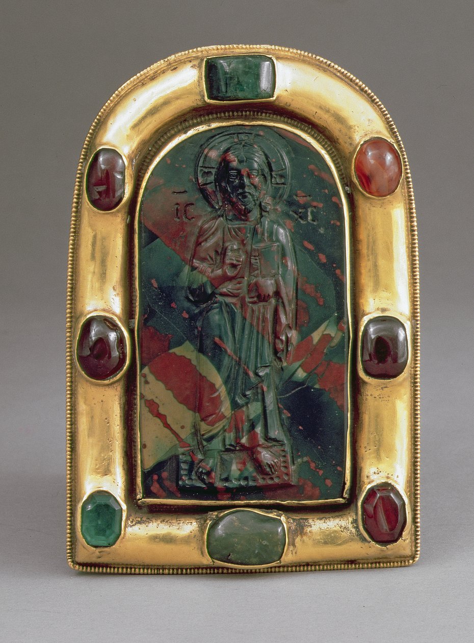 Kamee von Christus, der den Segen gibt (Jaspis, Gold und Edelsteine) von Byzantine