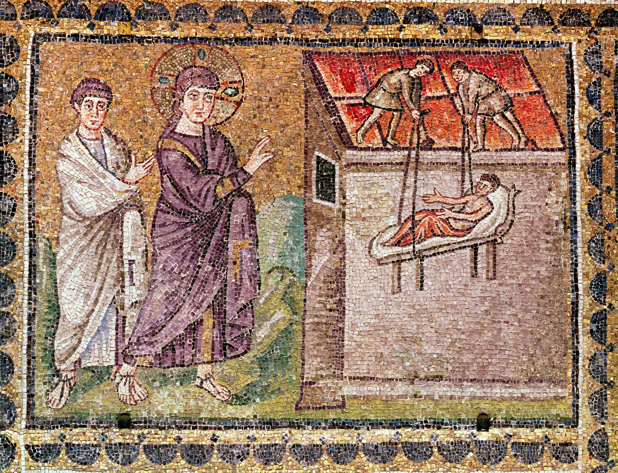 Der Gelähmte von Kapharnaum wird vom Dach herabgelassen, Szenen aus dem Leben Christi von Byzantine School