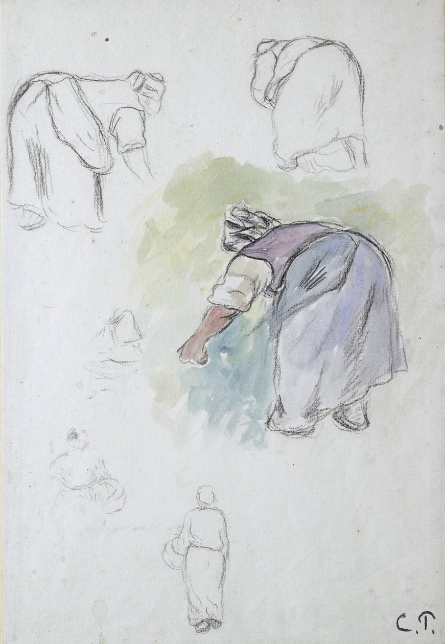 Blatt mit Studien: vier Studien einer sich bückenden Bäuerin und zwei Studien einer Frau mit Korb, von vorne und hinten gesehen, 1874 von Camille Jacob Pissarro